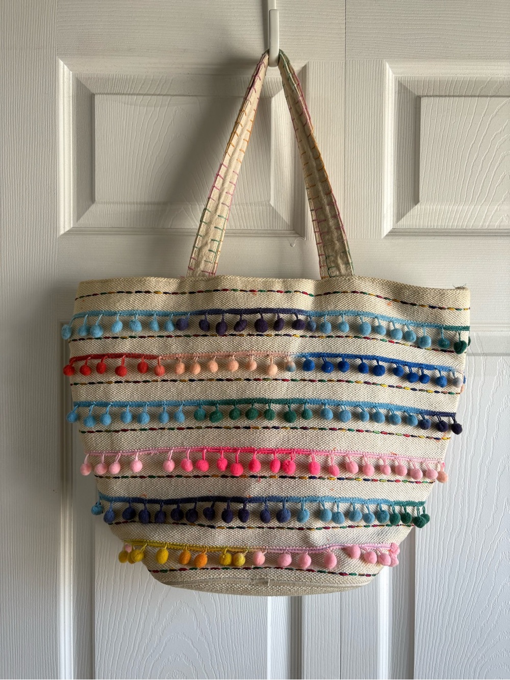 Paper Source Large Canvas Tote Colorful Pompom‎ Beach Resort Cruise Coastal Bag